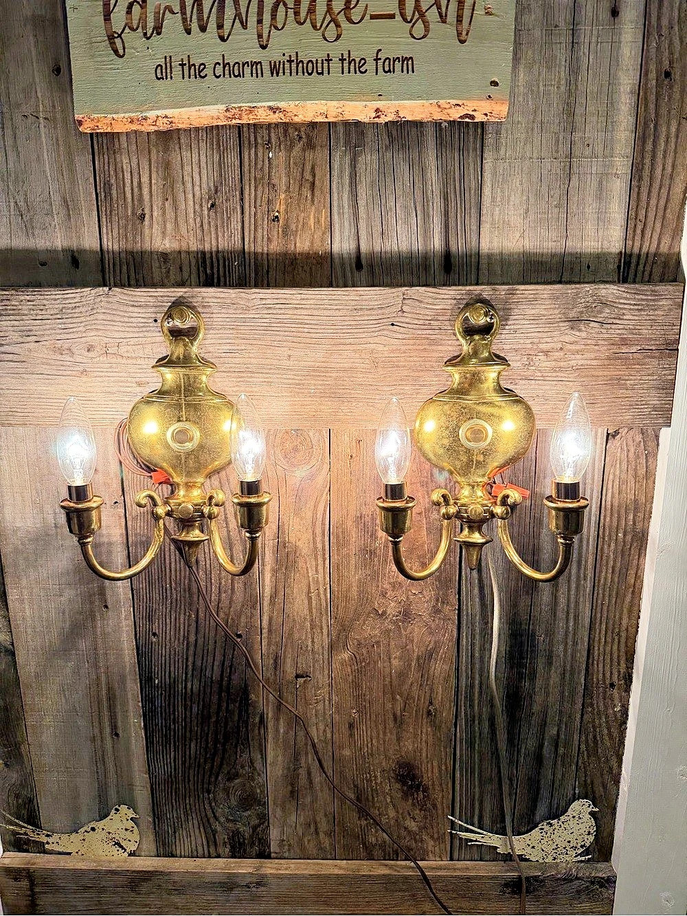Pair of vintage patina 2-light brass hardwired wall sconces